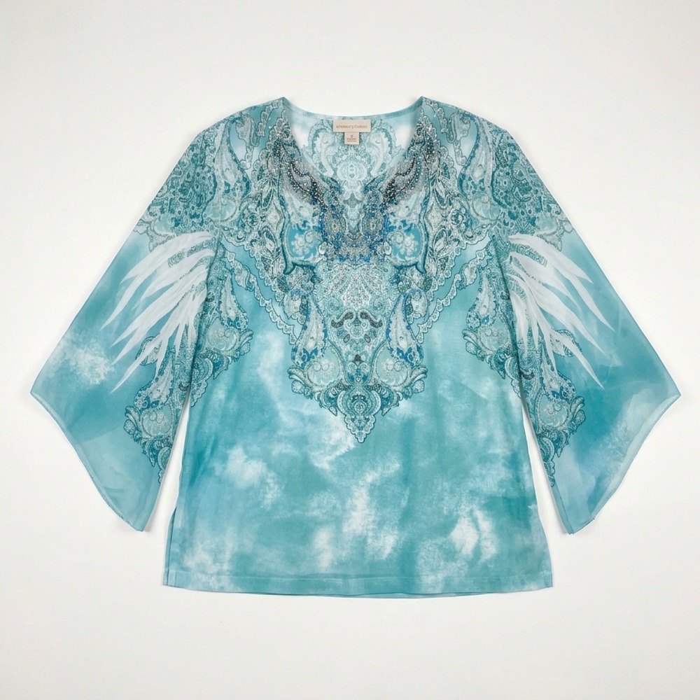 JM Collection Petite Blouse Women PL Blue Paisley Boho Embellished Bell Sleeve